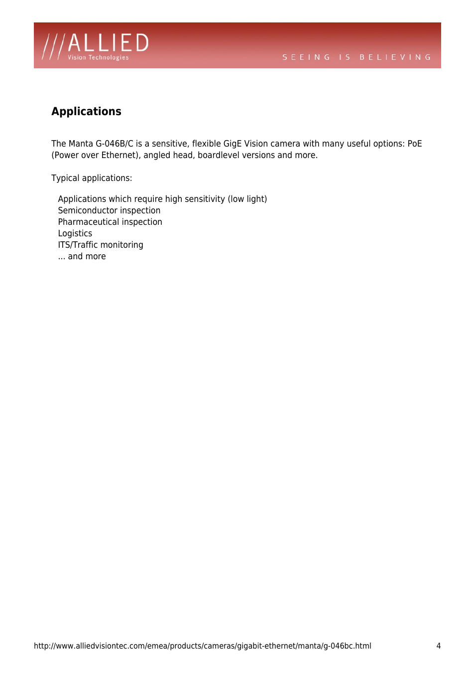 Applications | ALLIED Vision Technologies Manta G-046 User Manual | Page 4 / 4