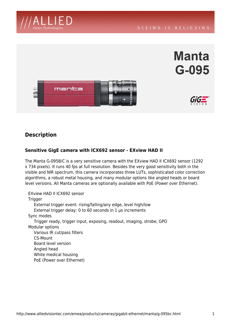ALLIED Vision Technologies Manta G-095 User Manual | 4 pages