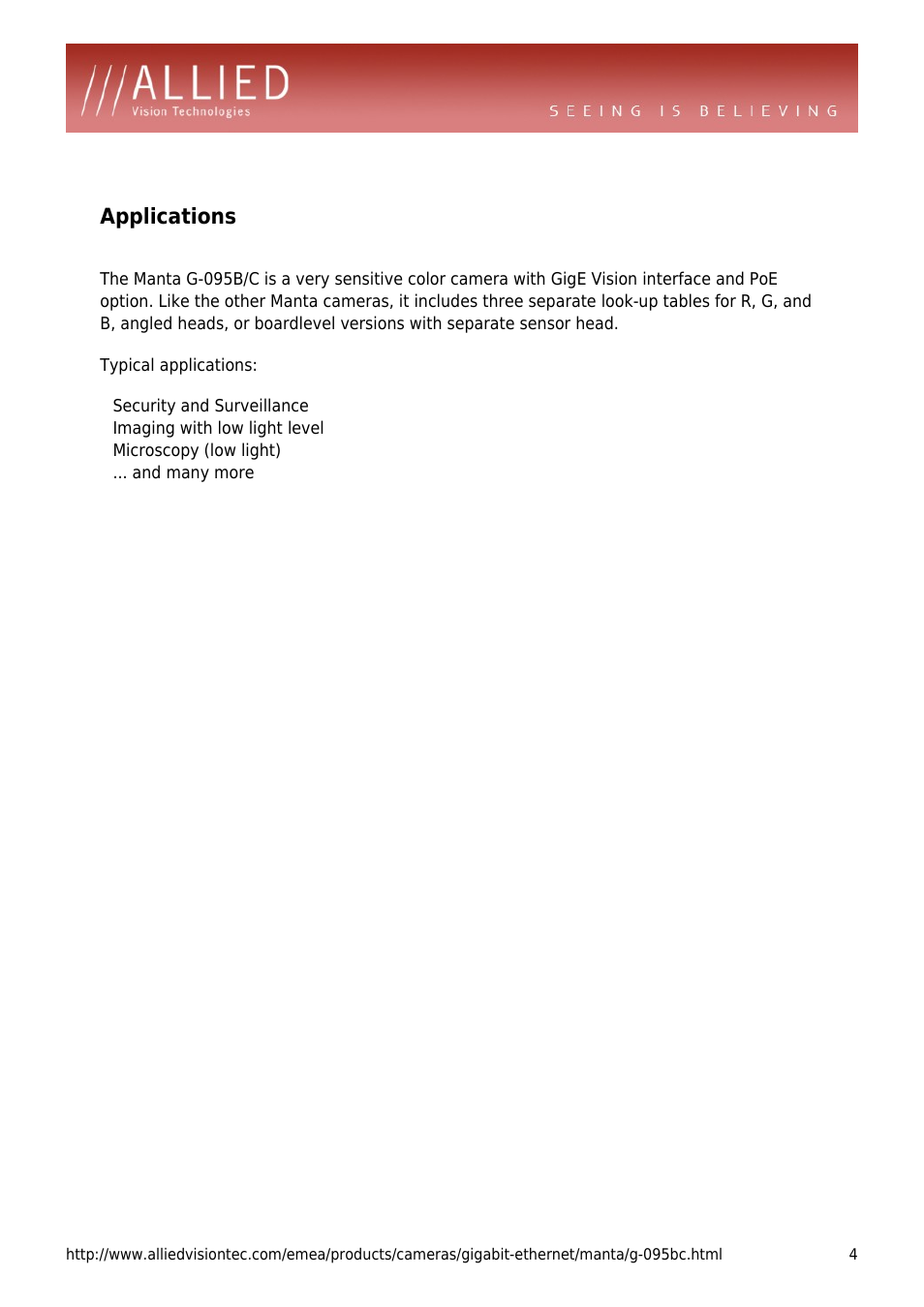 Applications | ALLIED Vision Technologies Manta G-095 User Manual | Page 4 / 4