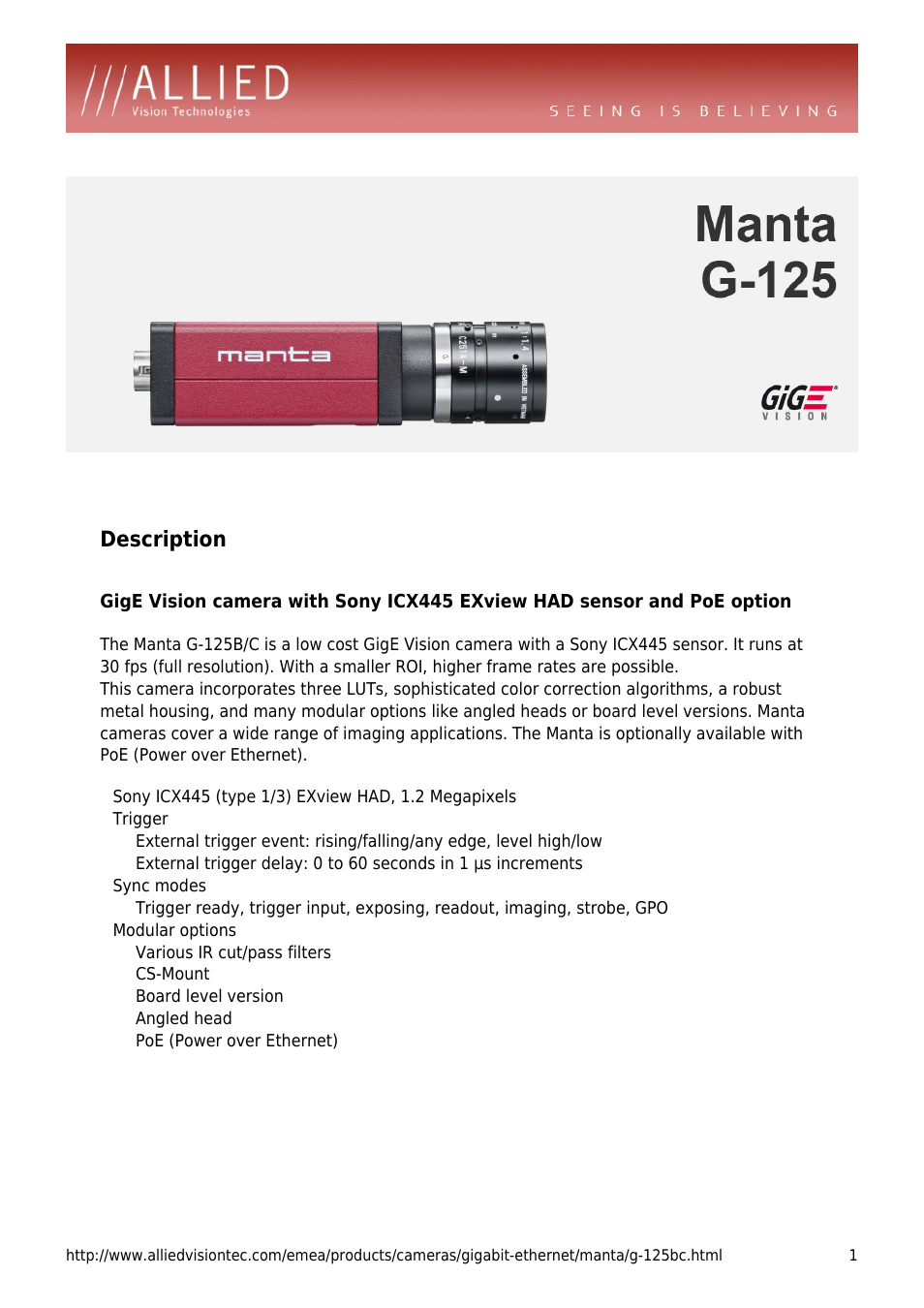 ALLIED Vision Technologies Manta G-125 User Manual | 4 pages