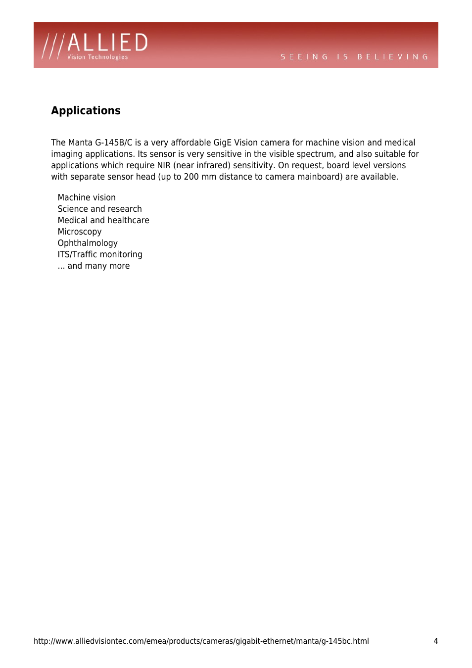 Applications, Science and research, Medical and healthcare | Microscopy, Ophthalmology, Its/traffic monitoring, And many more | ALLIED Vision Technologies Manta G-145 User Manual | Page 4 / 4
