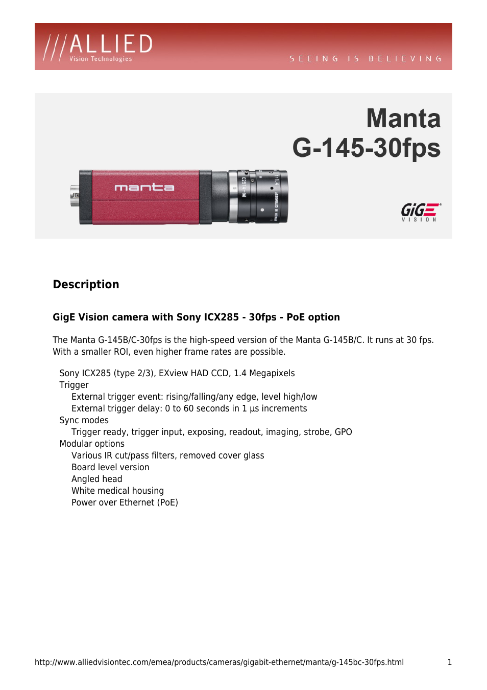ALLIED Vision Technologies Manta G-145-30fps User Manual | 4 pages