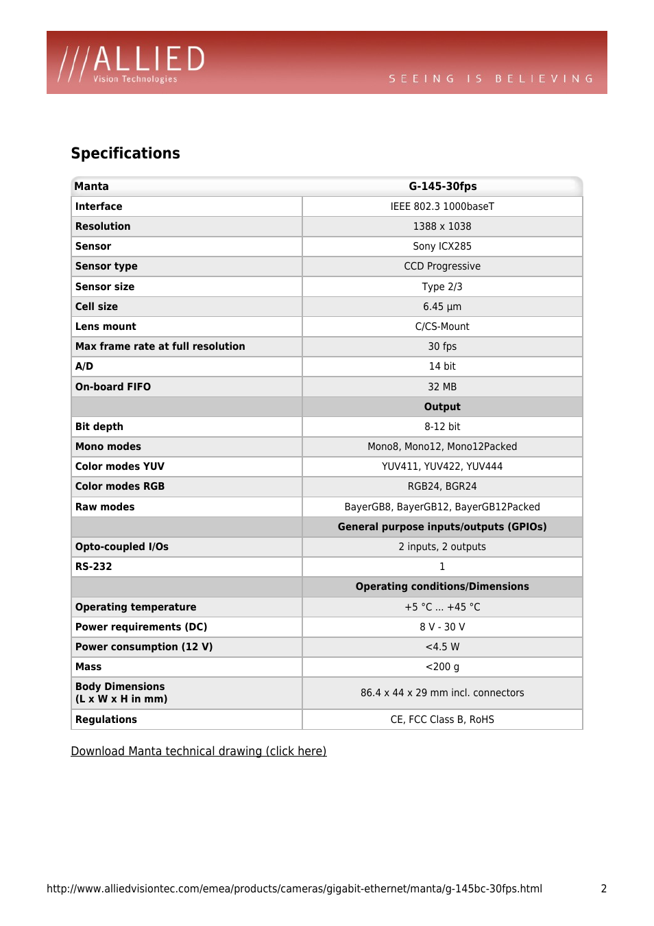 Specifications | ALLIED Vision Technologies Manta G-145-30fps User Manual | Page 2 / 4