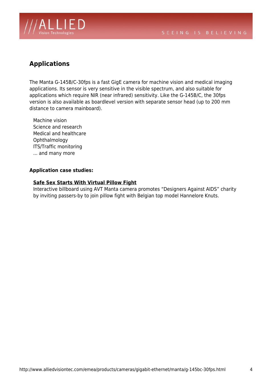 Applications | ALLIED Vision Technologies Manta G-145-30fps User Manual | Page 4 / 4