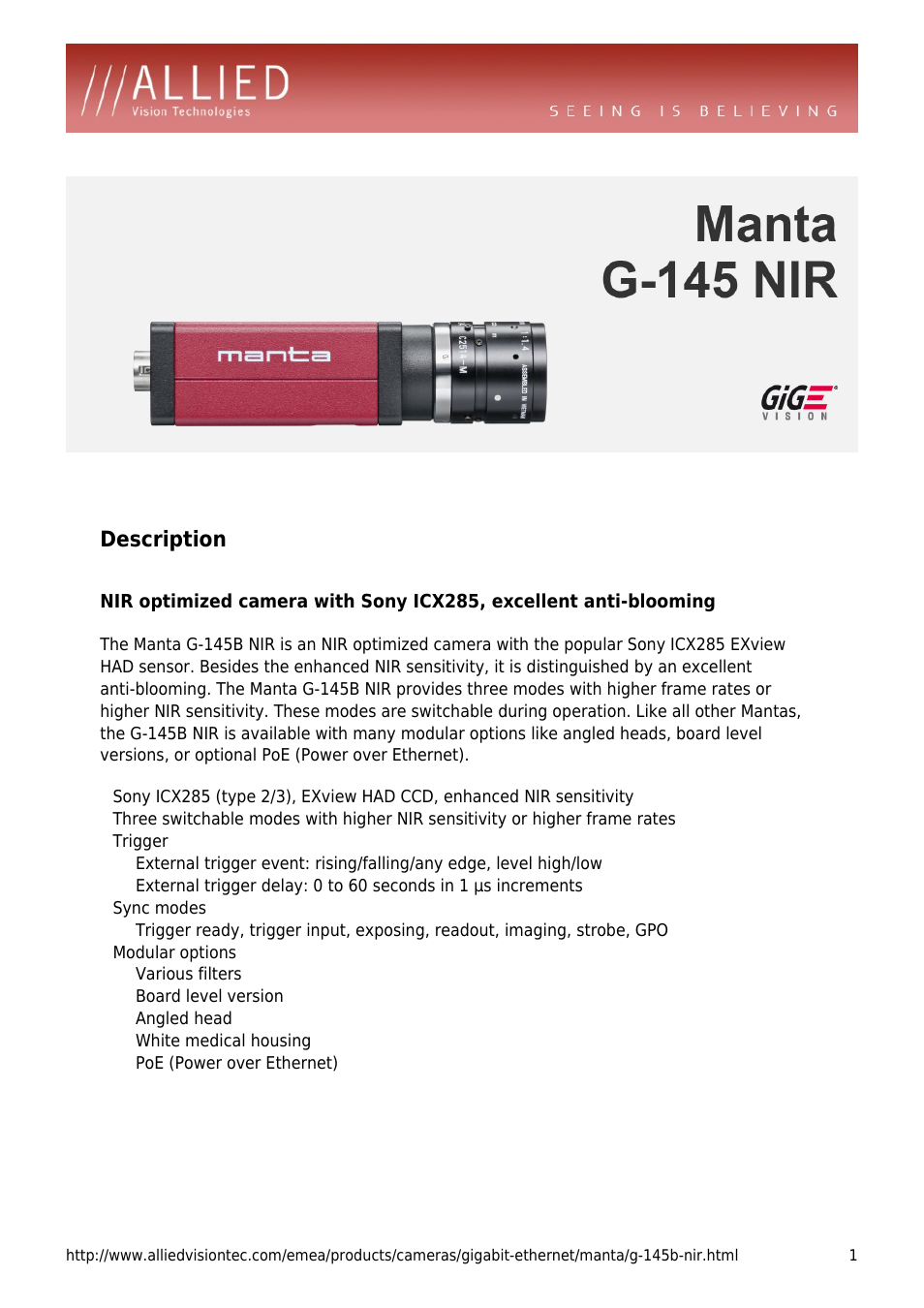 ALLIED Vision Technologies Manta G-145 NIR User Manual | 4 pages