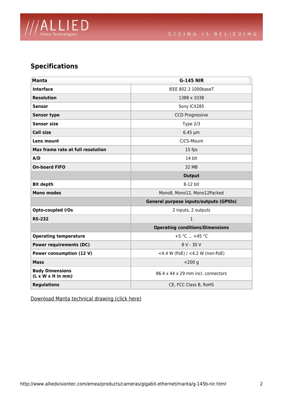 Specifications | ALLIED Vision Technologies Manta G-145 NIR User Manual | Page 2 / 4