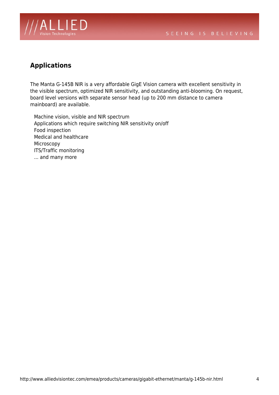 Applications, Food inspection, Medical and healthcare | Microscopy, Its/traffic monitoring, And many more | ALLIED Vision Technologies Manta G-145 NIR User Manual | Page 4 / 4