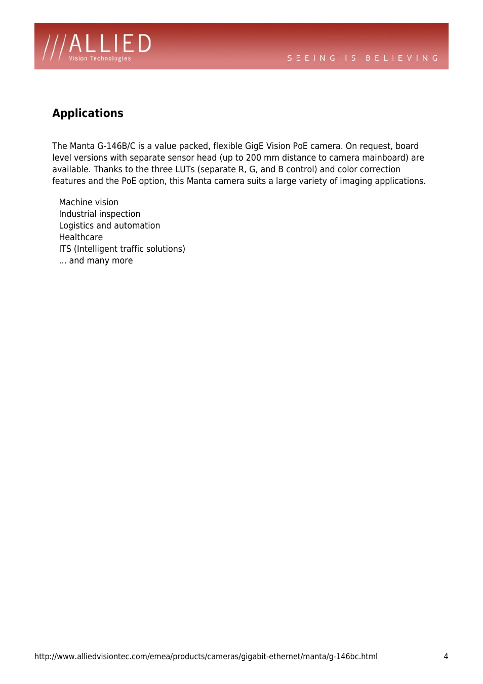 Applications, Industrial inspection, Logistics and automation | Healthcare, Its (intelligent traffic solutions), And many more | ALLIED Vision Technologies Manta G-146 User Manual | Page 4 / 4