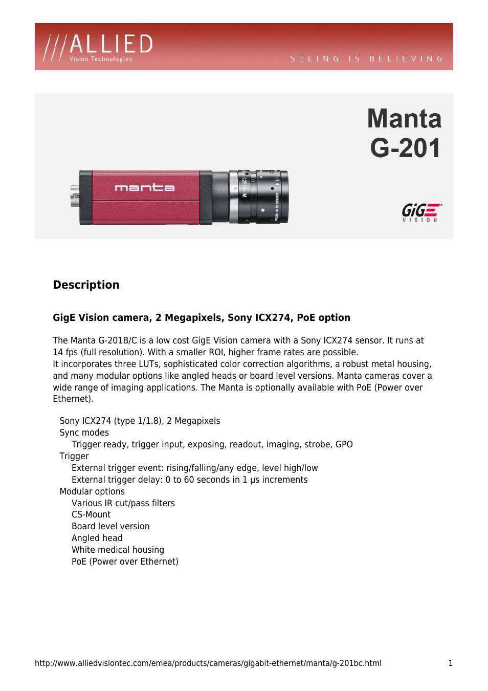 ALLIED Vision Technologies Manta G-201 User Manual | 4 pages