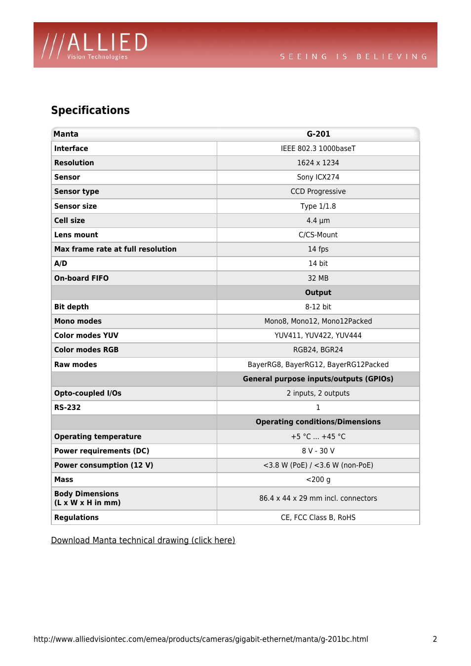 Specifications | ALLIED Vision Technologies Manta G-201 User Manual | Page 2 / 4