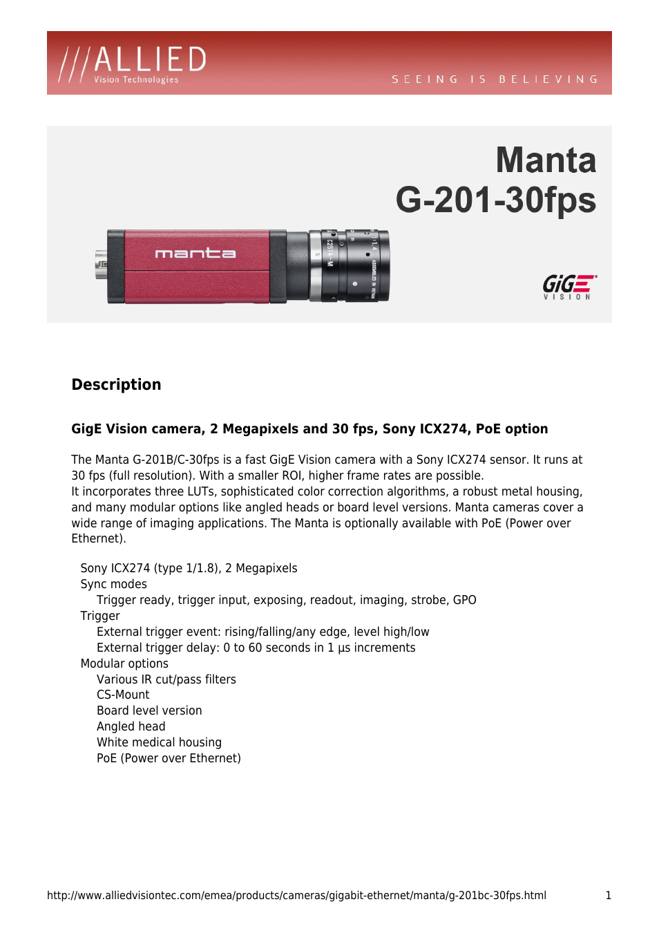 ALLIED Vision Technologies Manta G-201-30fps User Manual | 4 pages