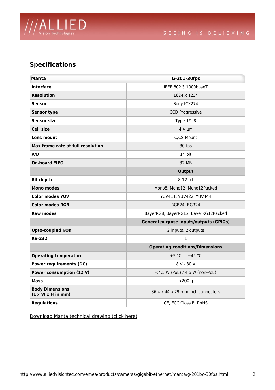 Specifications | ALLIED Vision Technologies Manta G-201-30fps User Manual | Page 2 / 4