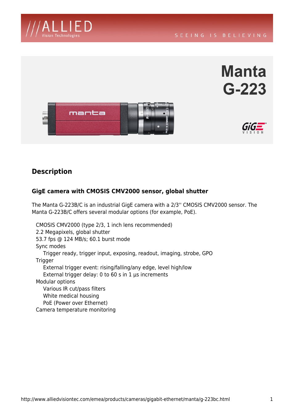 ALLIED Vision Technologies Manta G-223 User Manual | 4 pages
