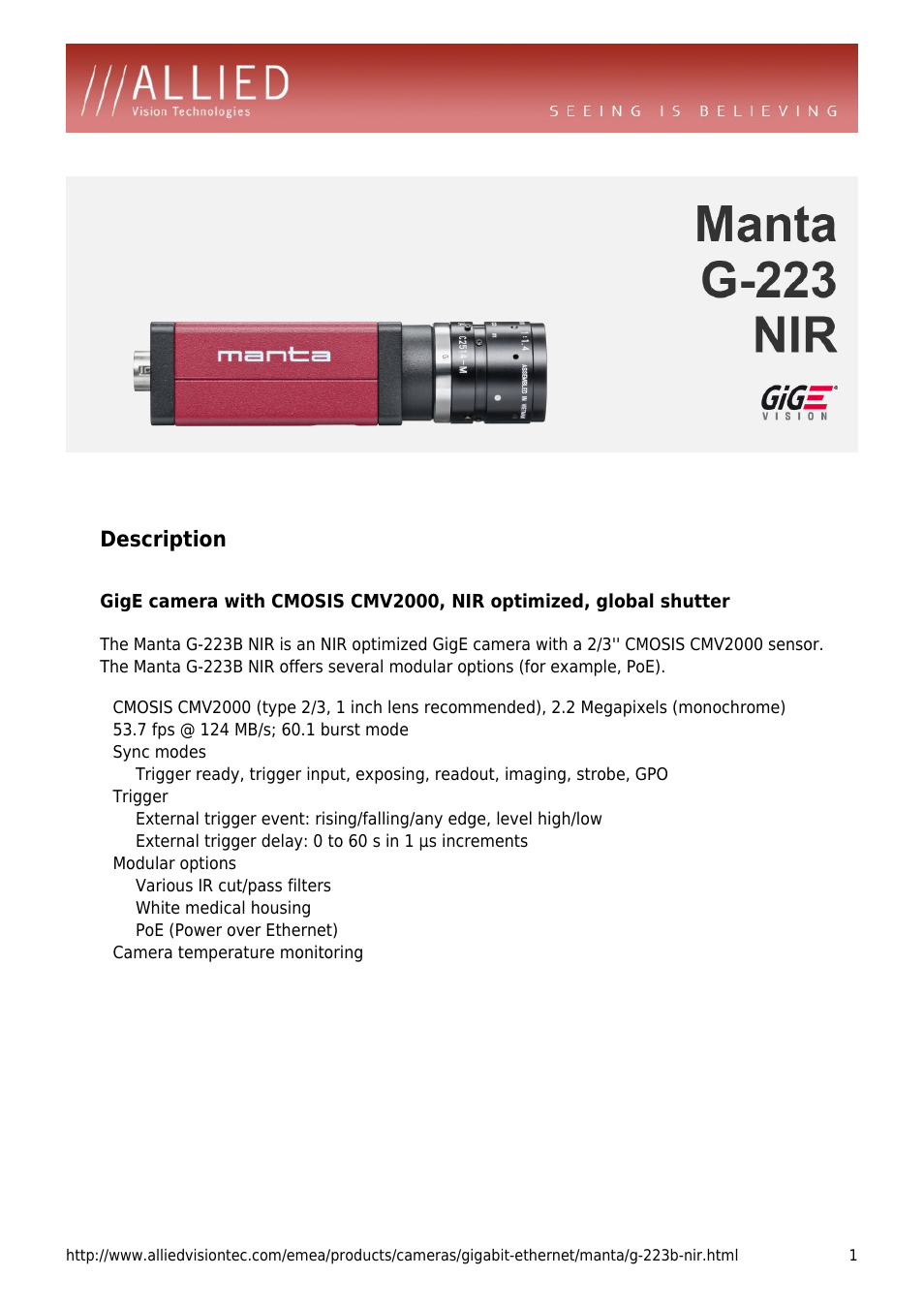 ALLIED Vision Technologies Manta G-223 NIR User Manual | 4 pages