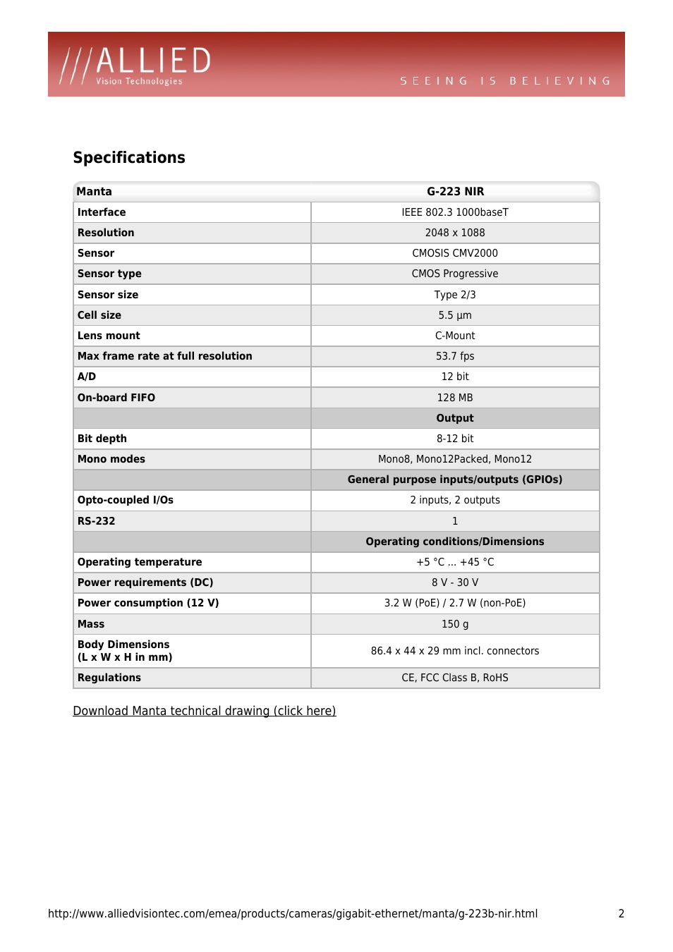 Specifications | ALLIED Vision Technologies Manta G-223 NIR User Manual | Page 2 / 4
