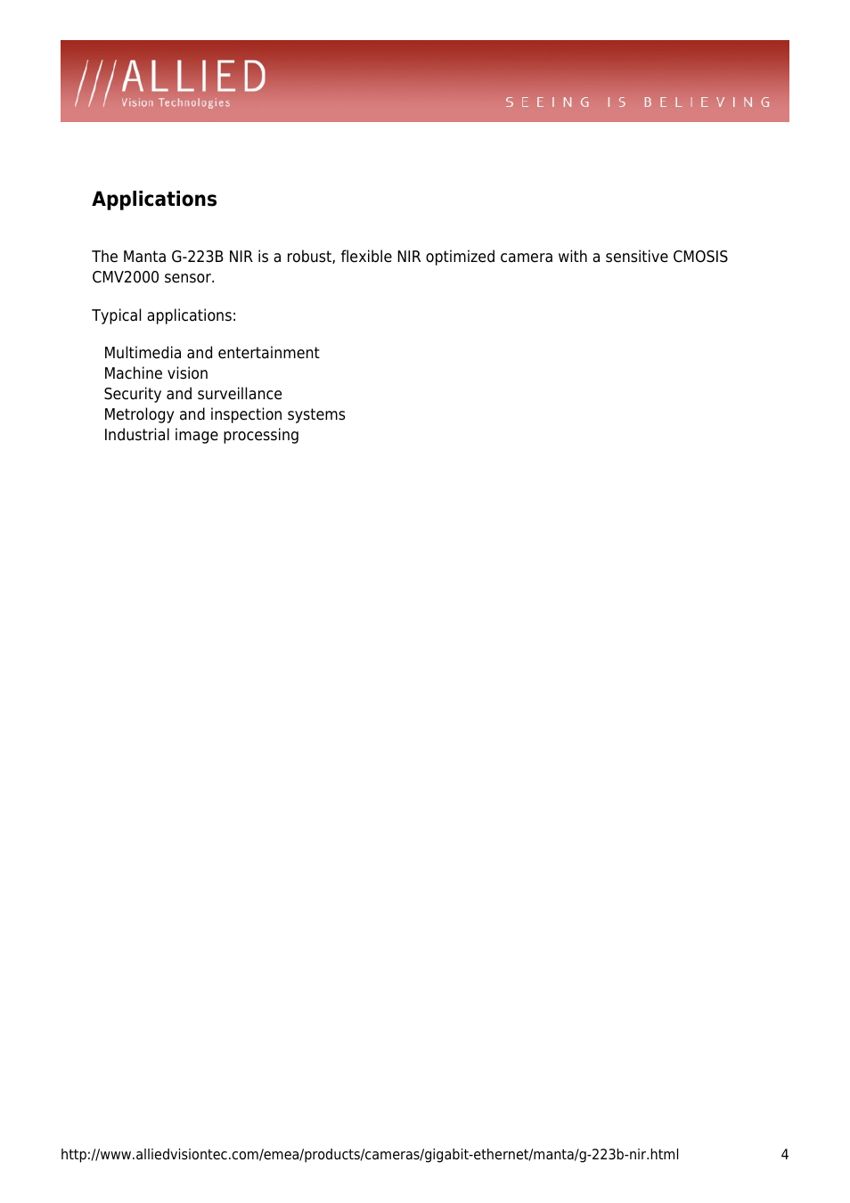 Applications | ALLIED Vision Technologies Manta G-223 NIR User Manual | Page 4 / 4