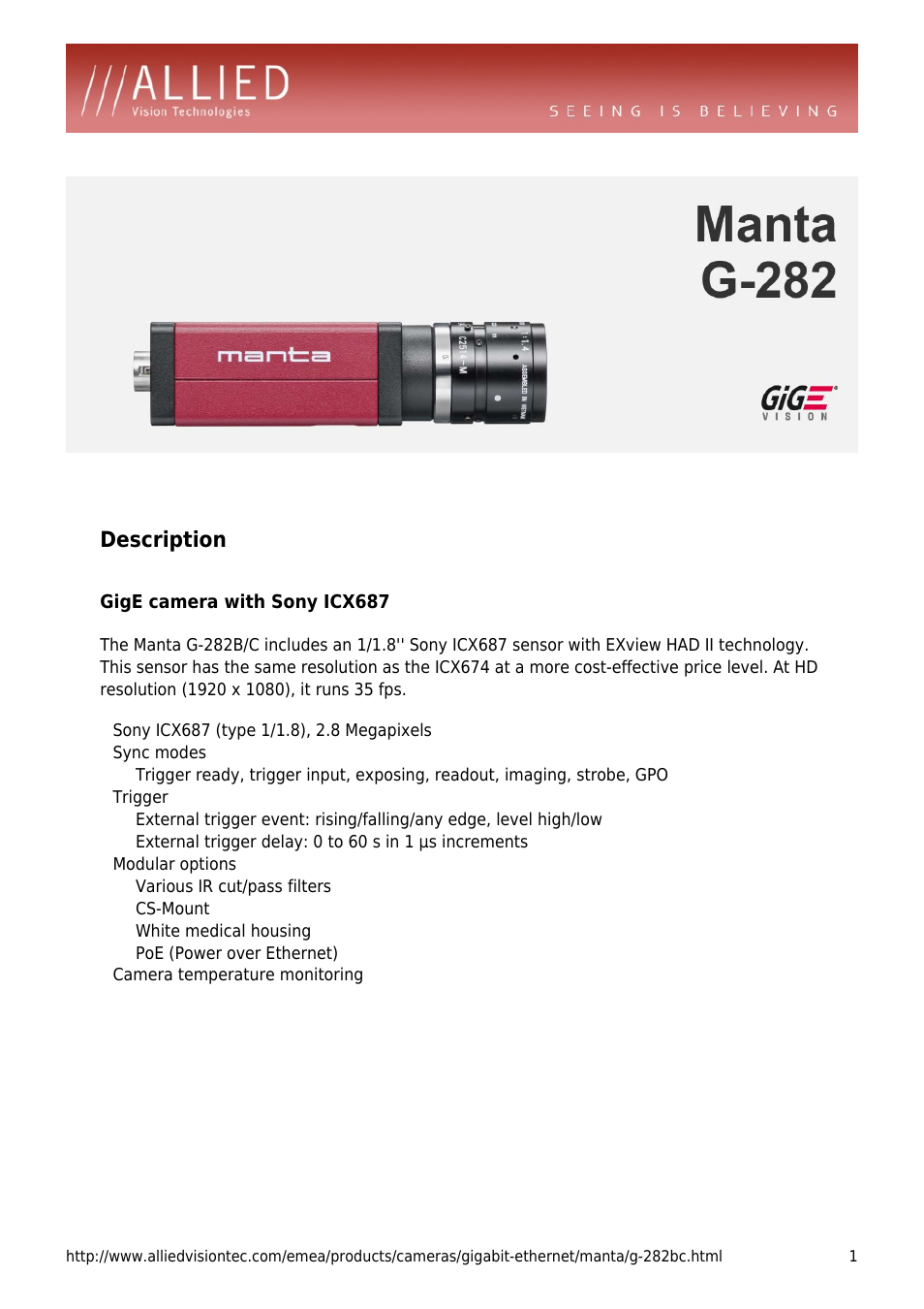 ALLIED Vision Technologies Manta G-282 User Manual | 4 pages