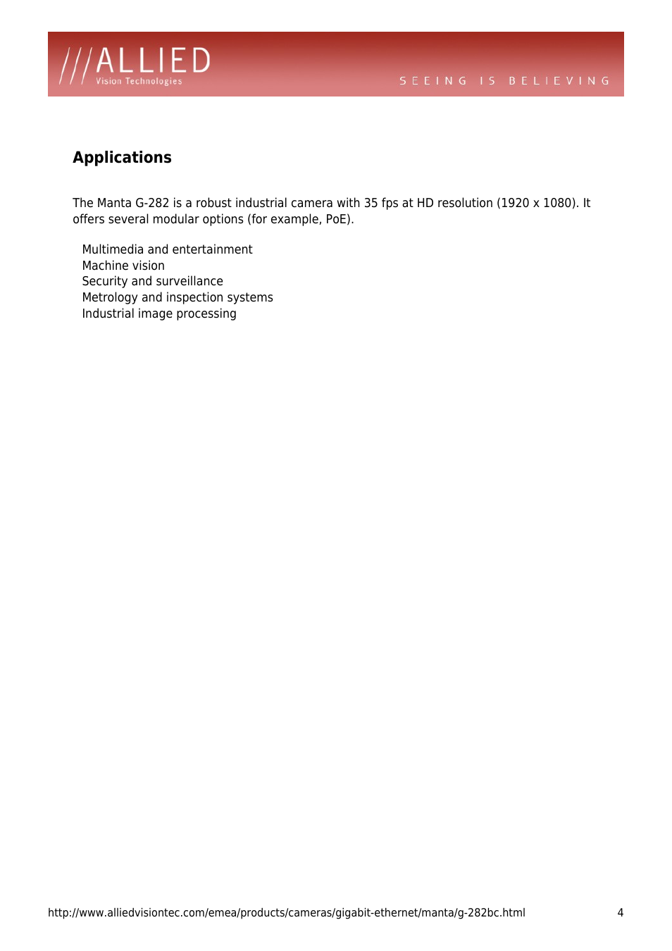 Applications | ALLIED Vision Technologies Manta G-282 User Manual | Page 4 / 4