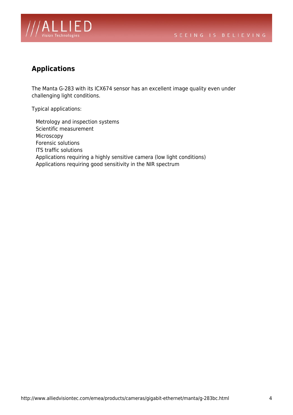 Applications, Scientific measurement, Microscopy | Forensic solutions, Its traffic solutions | ALLIED Vision Technologies Manta G-283 User Manual | Page 4 / 4
