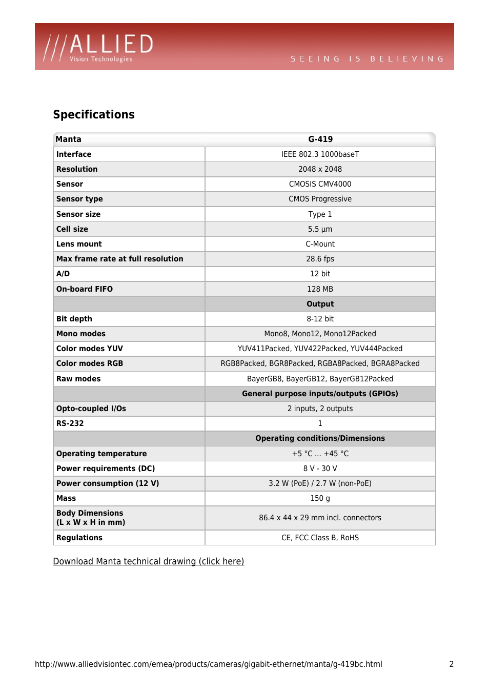 Specifications | ALLIED Vision Technologies Manta G-419 User Manual | Page 2 / 4