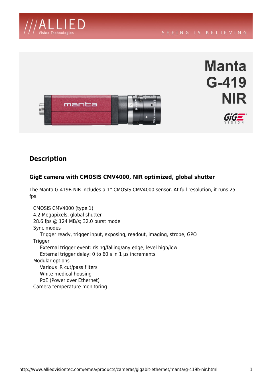 ALLIED Vision Technologies Manta G-419 NIR User Manual | 4 pages