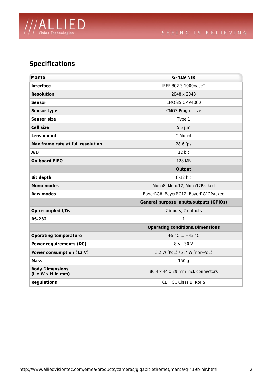 Specifications | ALLIED Vision Technologies Manta G-419 NIR User Manual | Page 2 / 4