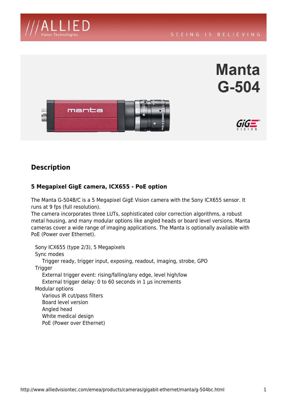 ALLIED Vision Technologies Manta G-504 User Manual | 4 pages