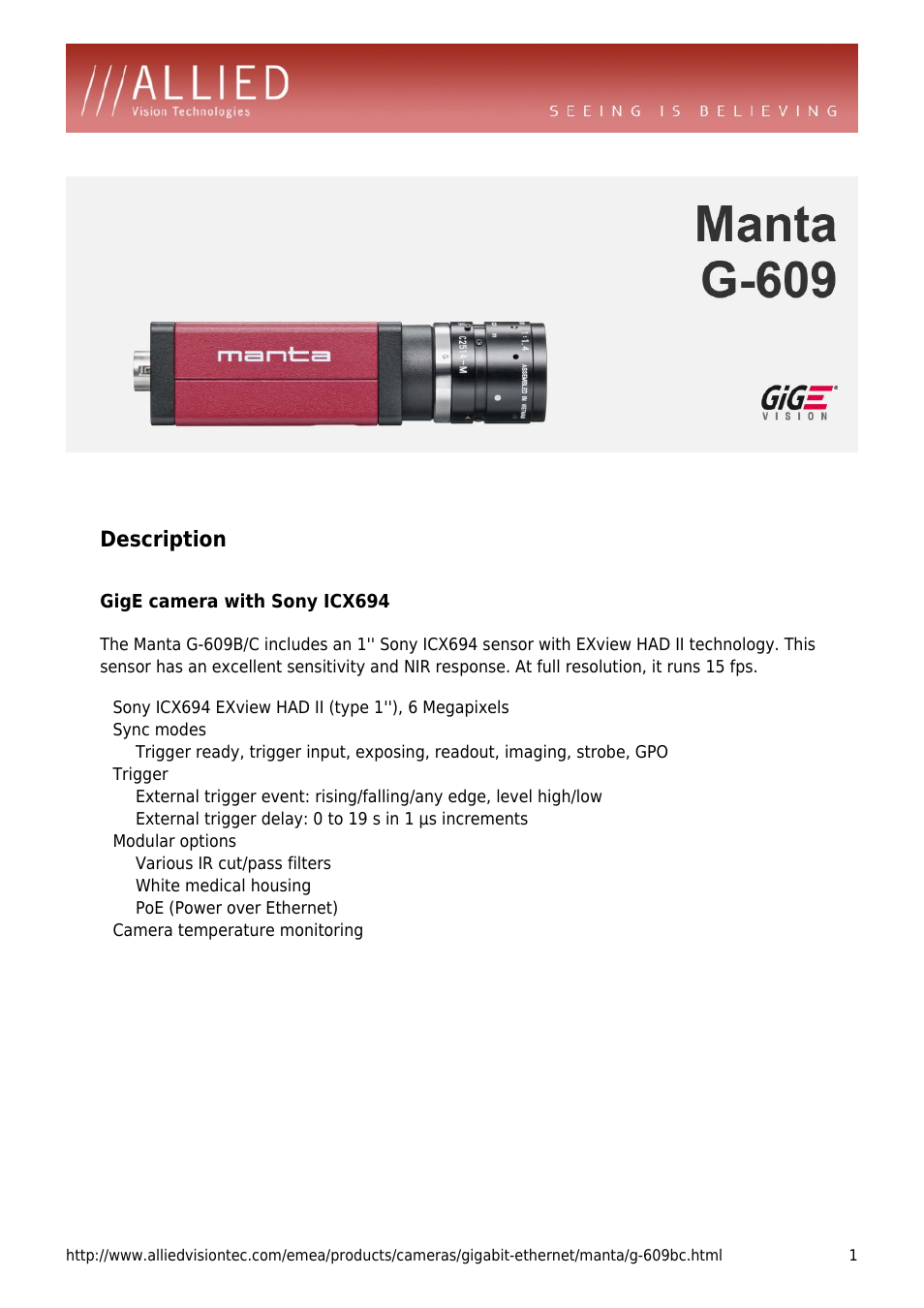 ALLIED Vision Technologies Manta G-609 User Manual | 4 pages