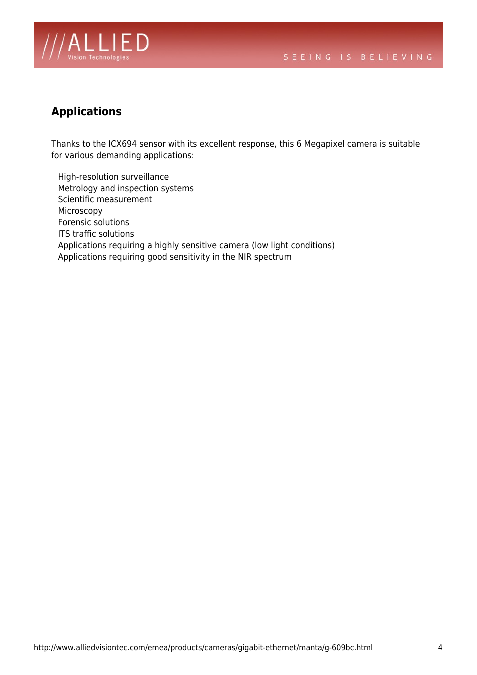 Applications, Metrology and inspection systems, Scientific measurement | Microscopy, Forensic solutions, Its traffic solutions | ALLIED Vision Technologies Manta G-609 User Manual | Page 4 / 4