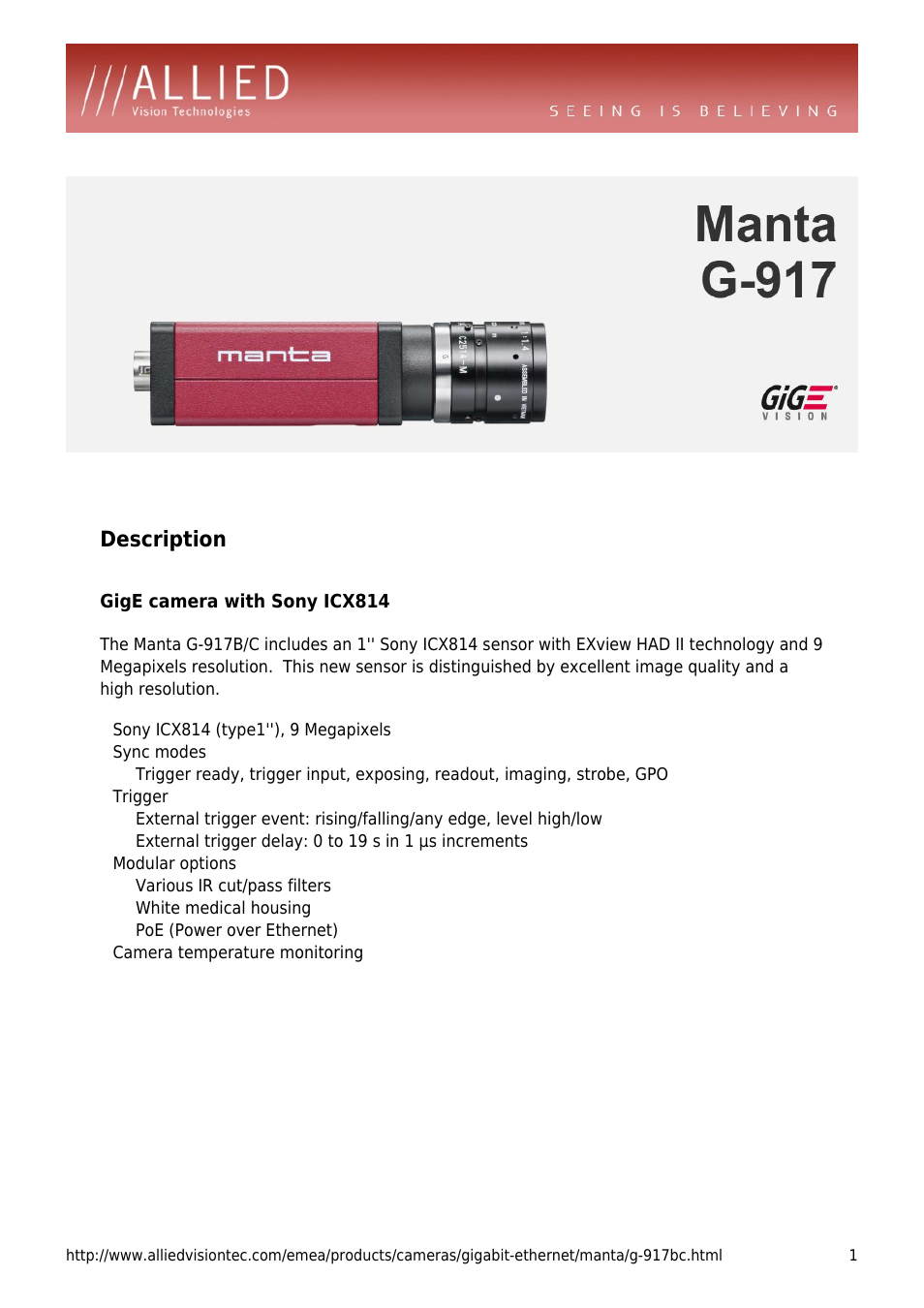 ALLIED Vision Technologies Manta G-917 User Manual | 4 pages