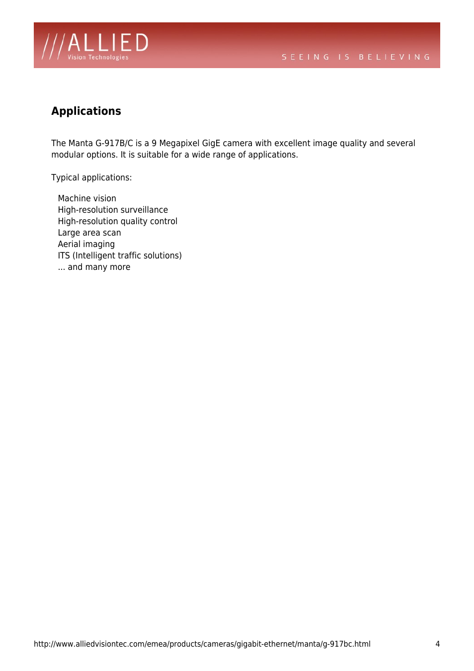 Applications, High-resolution surveillance, High-resolution quality control | Large area scan, Aerial imaging, Its (intelligent traffic solutions), And many more | ALLIED Vision Technologies Manta G-917 User Manual | Page 4 / 4