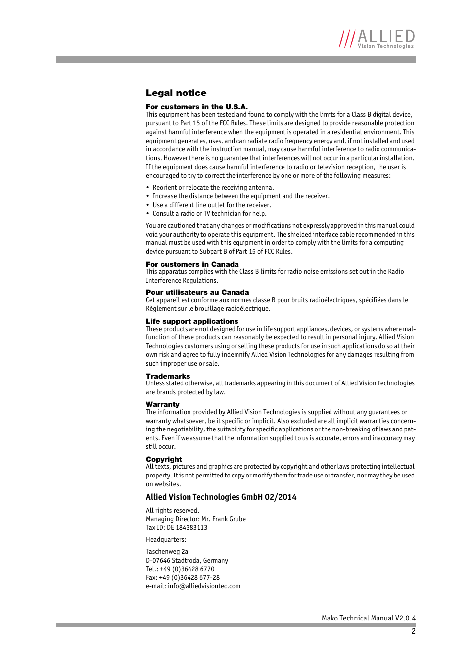 Legal notice | ALLIED Vision Technologies Mako G-419 NIR User Manual | Page 2 / 62