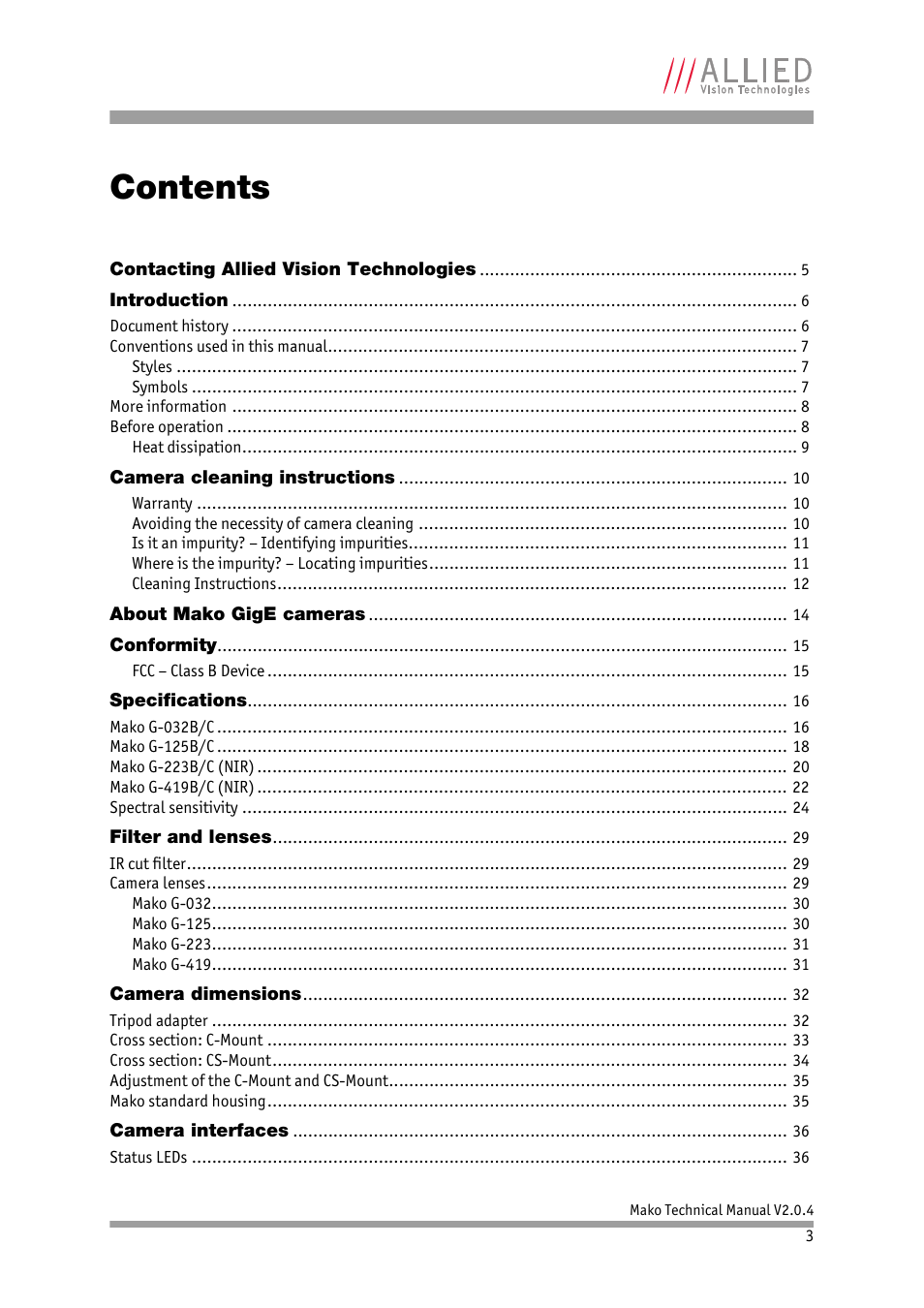 ALLIED Vision Technologies Mako G-419 NIR User Manual | Page 3 / 62