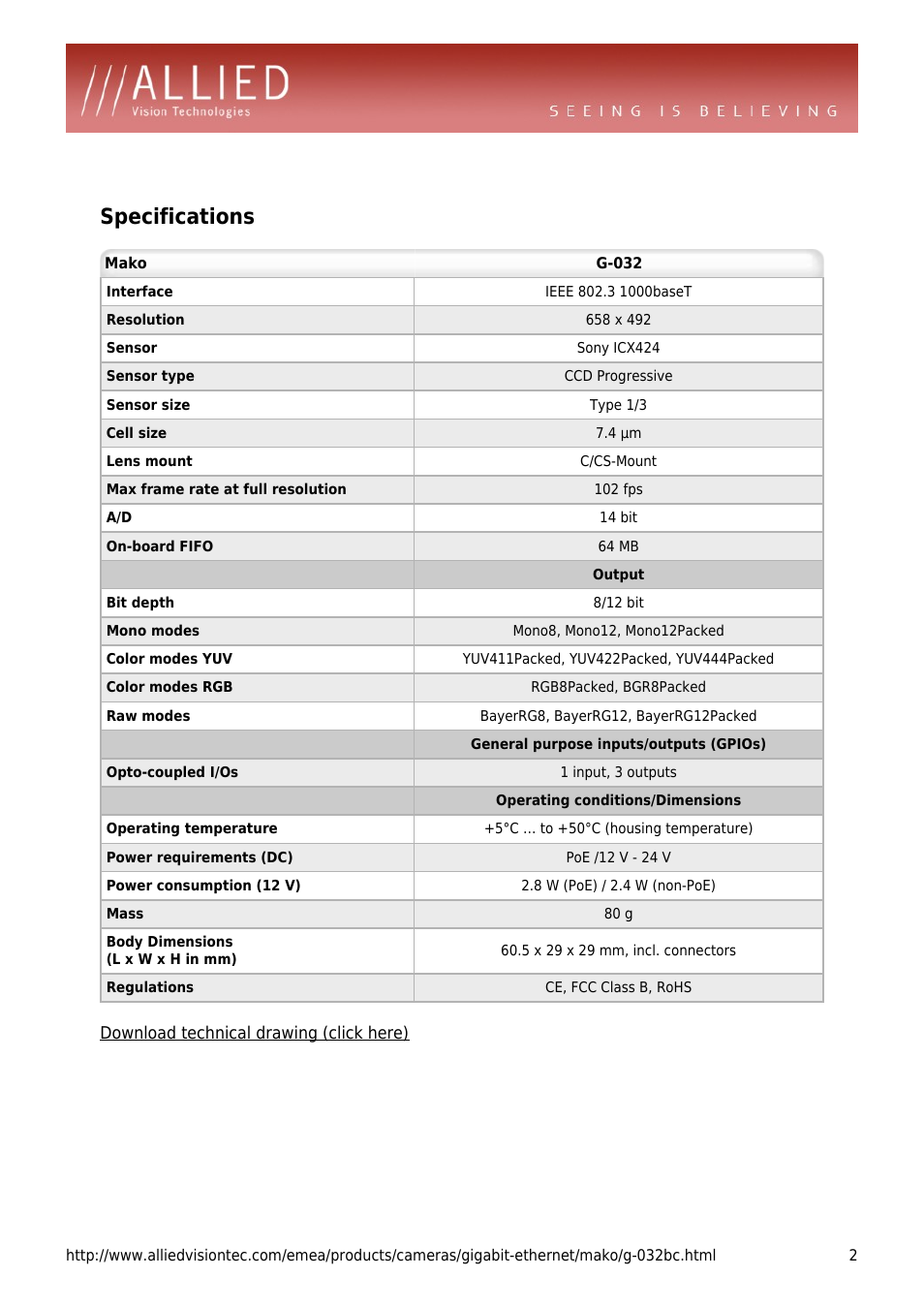 Specifications | ALLIED Vision Technologies Mako G-032 User Manual | Page 2 / 4