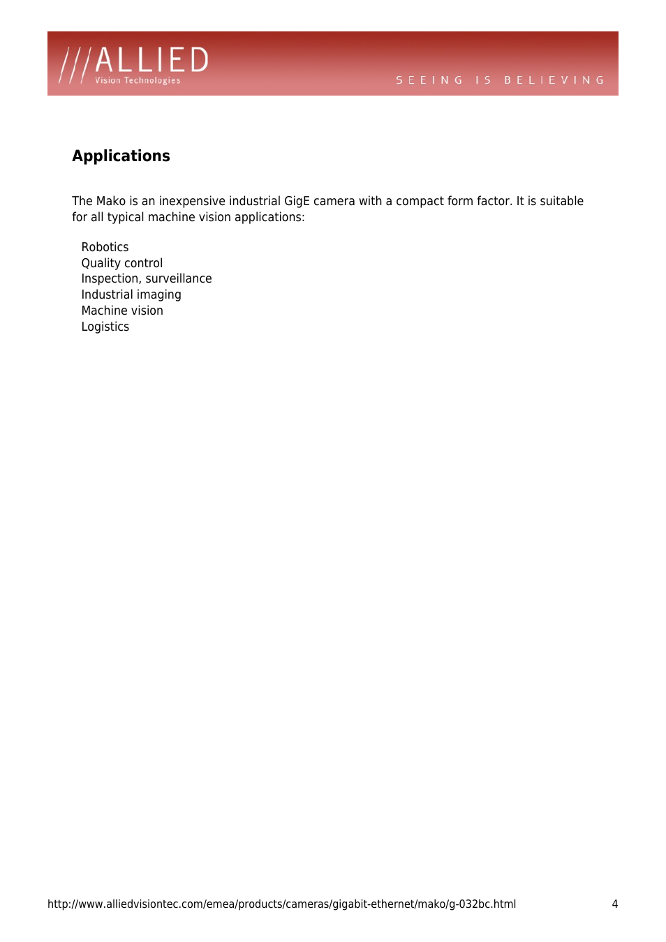 Applications, Quality control, Inspection, surveillance | Industrial imaging, Machine vision, Logistics | ALLIED Vision Technologies Mako G-032 User Manual | Page 4 / 4
