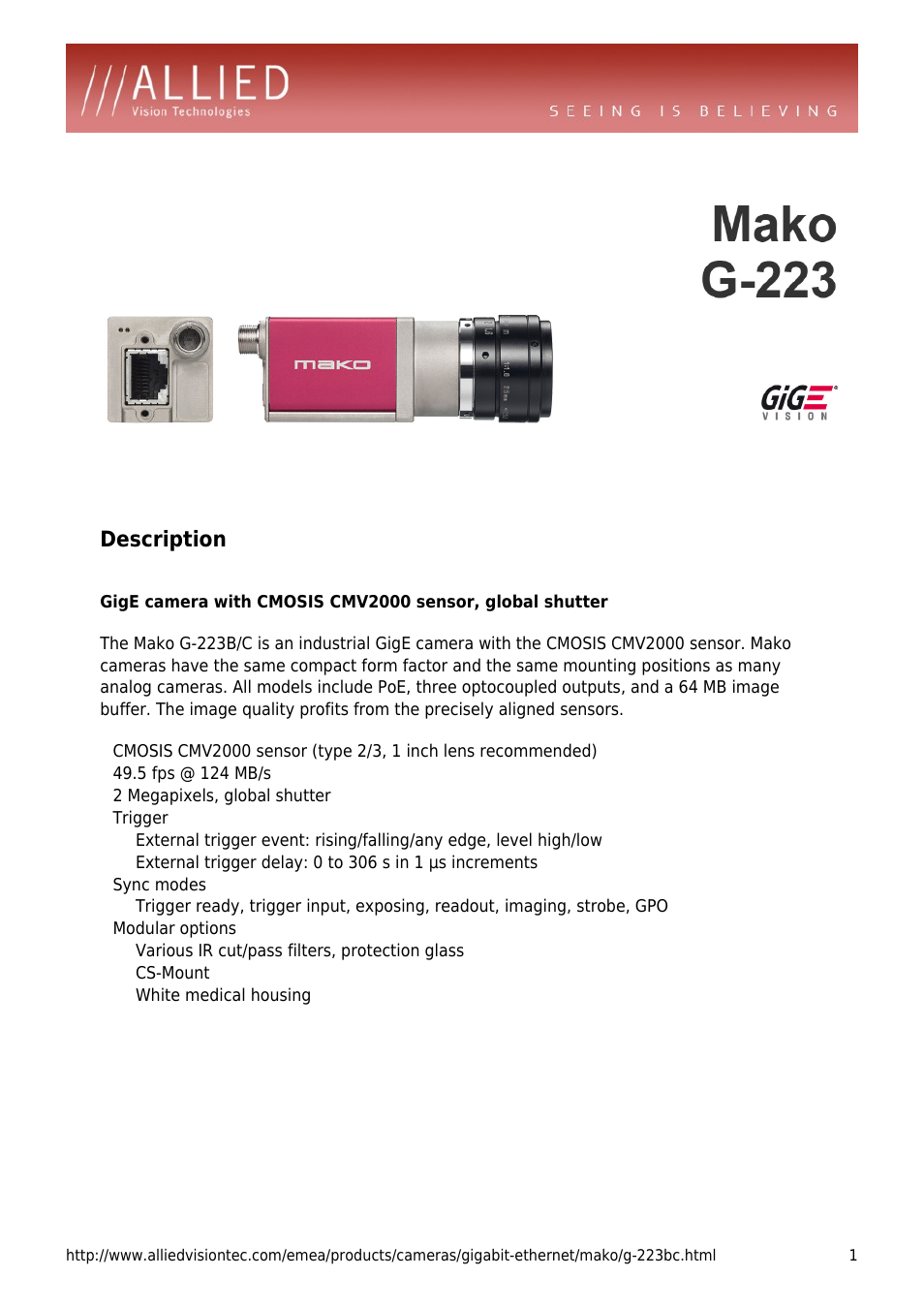 ALLIED Vision Technologies Mako G-223 User Manual | 4 pages