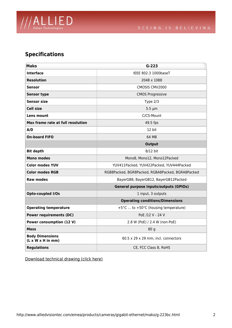 Specifications | ALLIED Vision Technologies Mako G-223 User Manual | Page 2 / 4