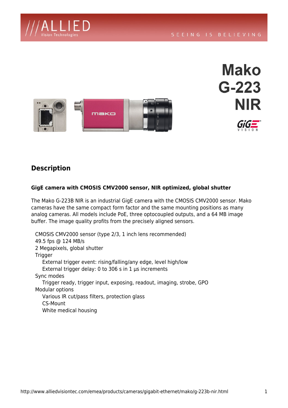 ALLIED Vision Technologies Mako G-223 NIR User Manual | 4 pages