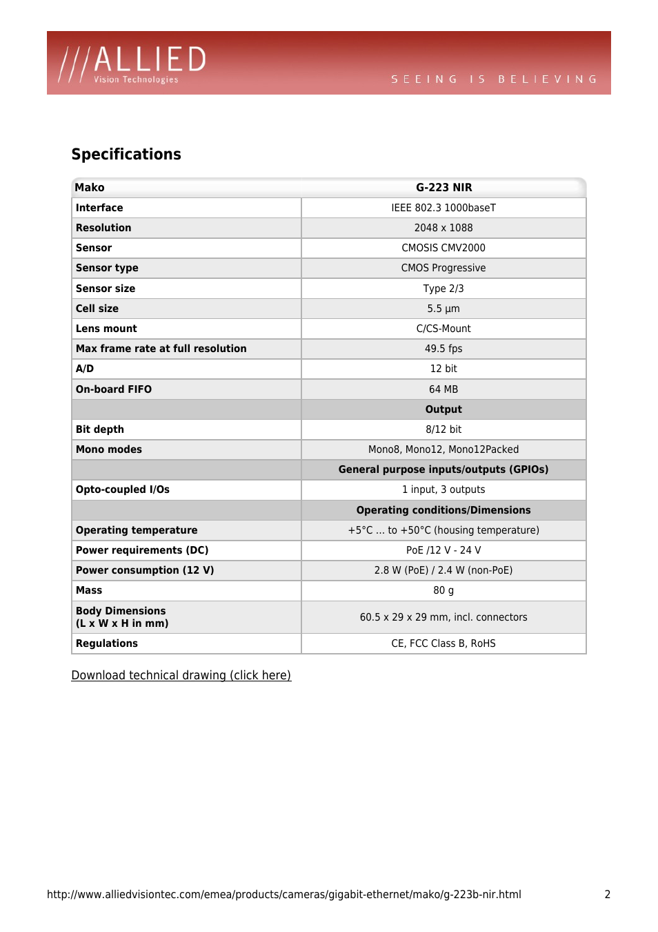 Specifications | ALLIED Vision Technologies Mako G-223 NIR User Manual | Page 2 / 4