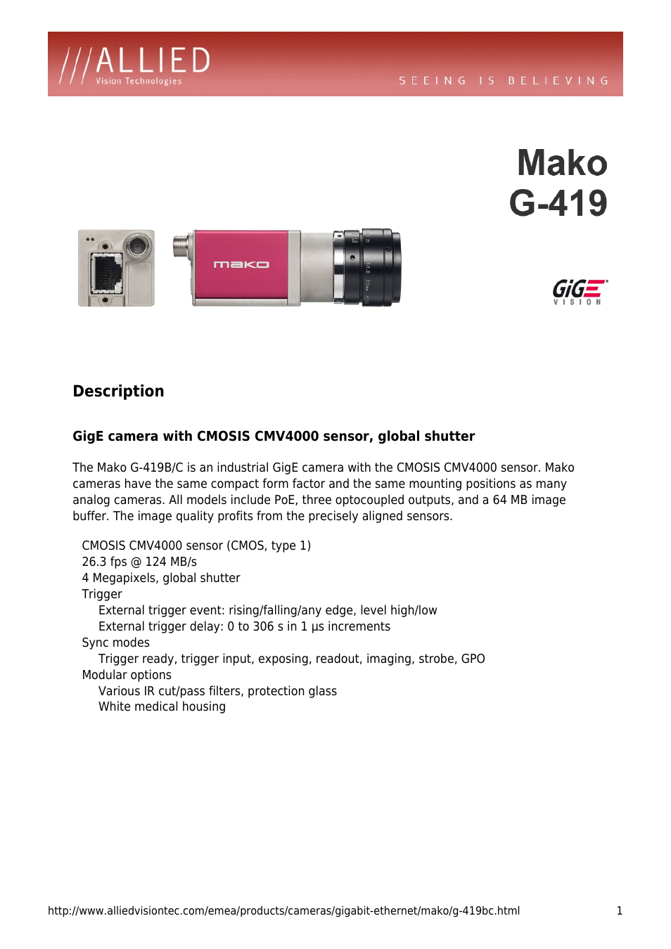 ALLIED Vision Technologies Mako G-419 User Manual | 4 pages