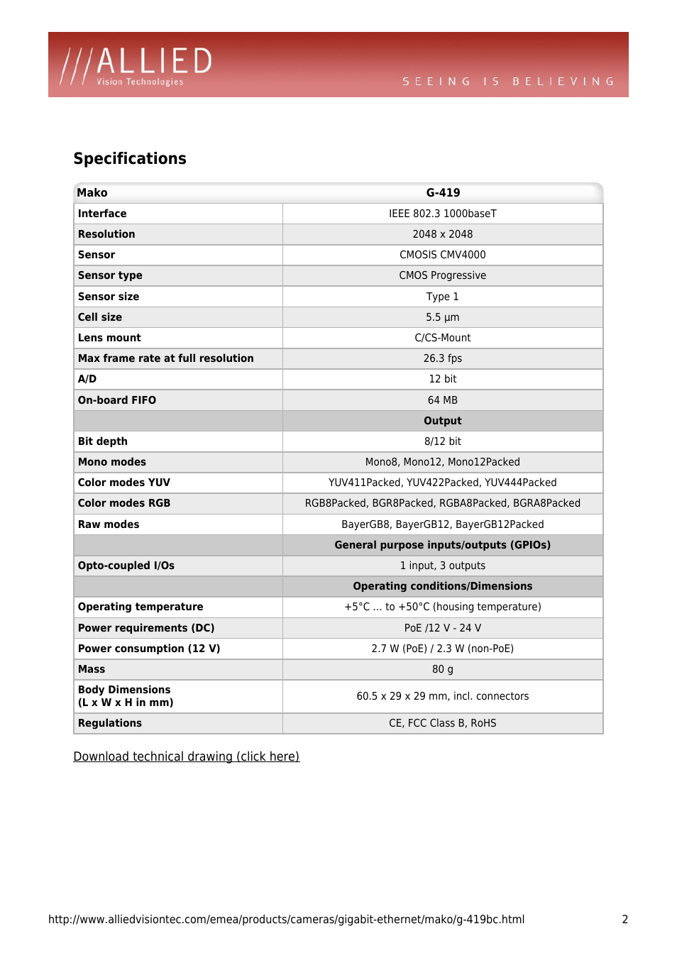 Specifications | ALLIED Vision Technologies Mako G-419 User Manual | Page 2 / 4