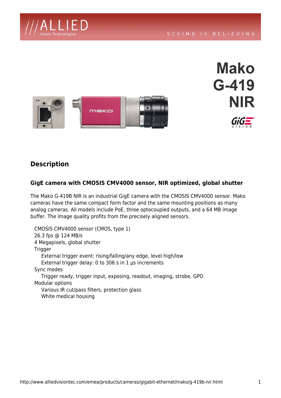 ALLIED Vision Technologies Mako G-419 NIR User Manual | 4 pages