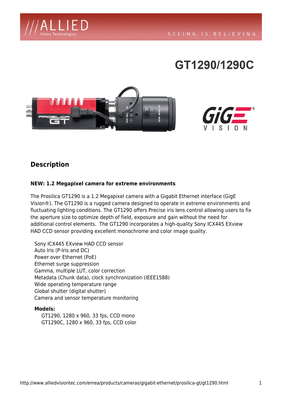 ALLIED Vision Technologies Prosilica GT1290 User Manual | 4 pages