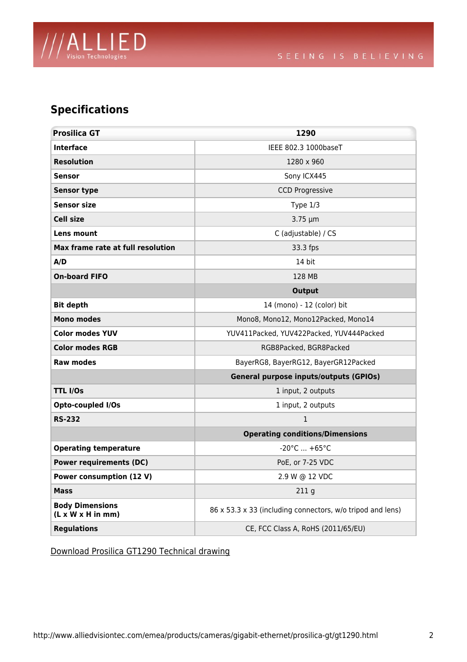 Specifications | ALLIED Vision Technologies Prosilica GT1290 User Manual | Page 2 / 4