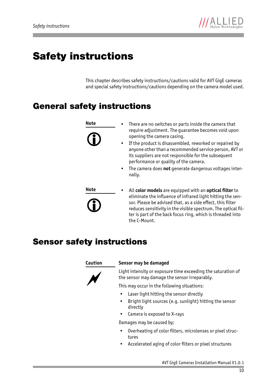 Safety instructions, General safety instructions, Sensor safety instructions | ALLIED Vision Technologies AVT GigE Vision Cameras User Manual | Page 10 / 53