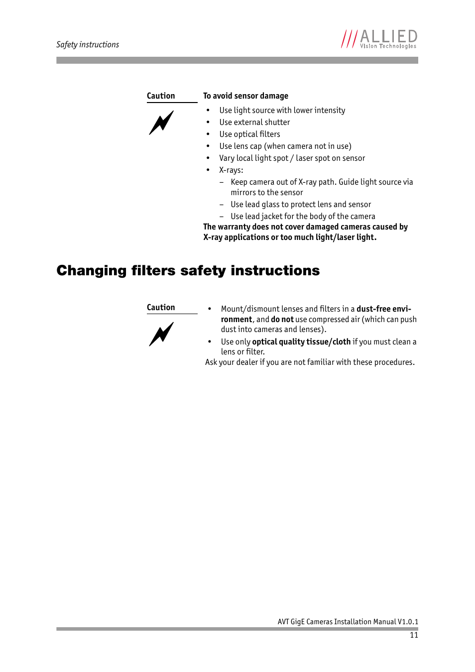 Changing filters safety instructions | ALLIED Vision Technologies AVT GigE Vision Cameras User Manual | Page 11 / 53