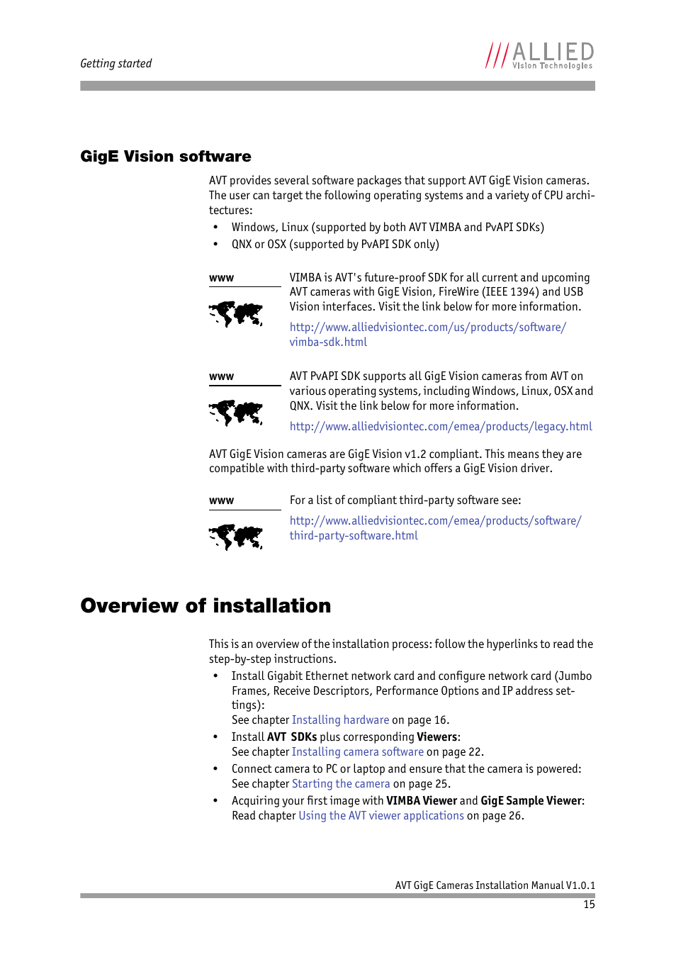 Gige vision software, Overview of installation | ALLIED Vision Technologies AVT GigE Vision Cameras User Manual | Page 15 / 53