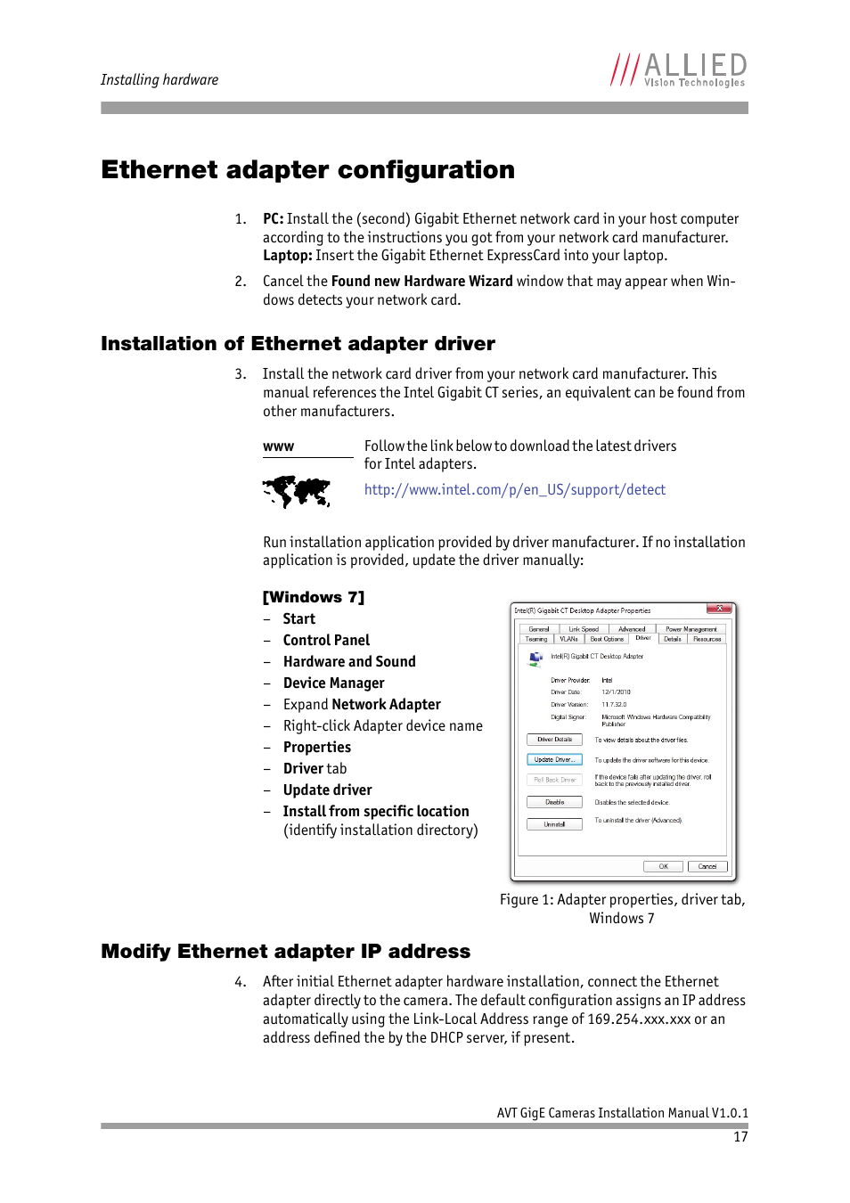 Ethernet adapter configuration, Installation of ethernet adapter driver, Windows 7 | Modify ethernet adapter ip address | ALLIED Vision Technologies AVT GigE Vision Cameras User Manual | Page 17 / 53