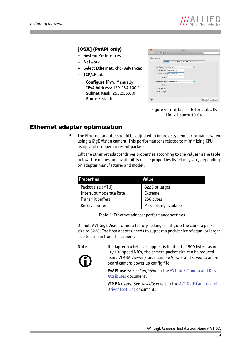 Osx] (pvapi only), Ethernet adapter optimization | ALLIED Vision Technologies AVT GigE Vision Cameras User Manual | Page 19 / 53