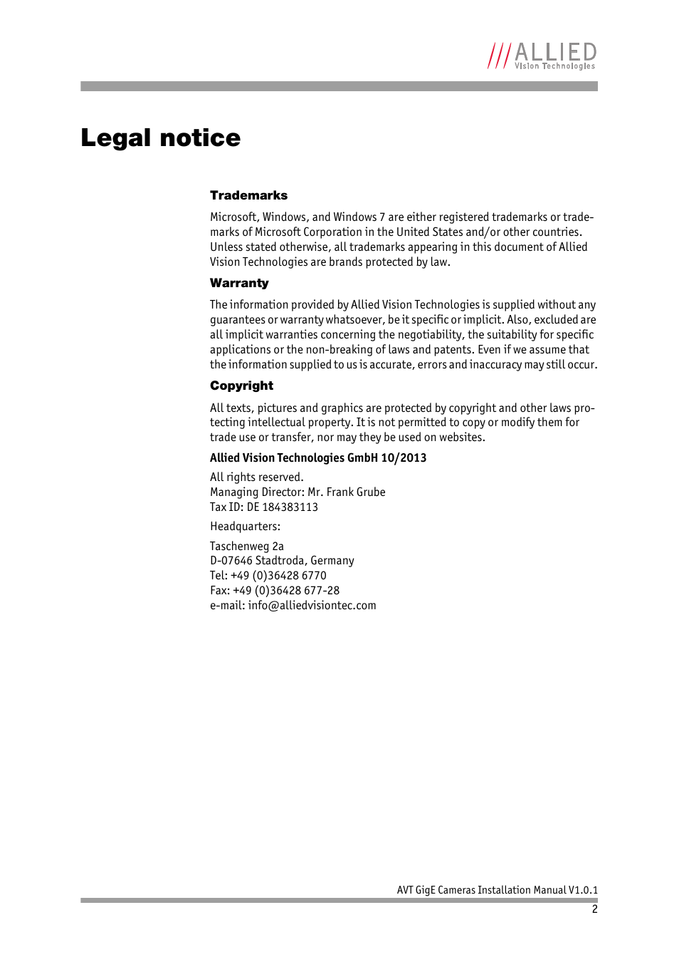 Legal notice | ALLIED Vision Technologies AVT GigE Vision Cameras User Manual | Page 2 / 53